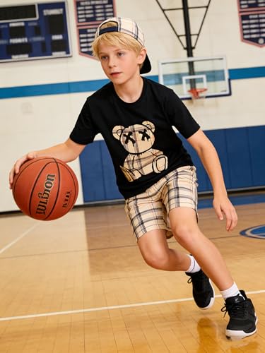 Image of Boys 2 Piece Outfits Short Sleeve Basketball Pattern T-Shirt and Shorts Summer Clothes for Kids 5-12 Years