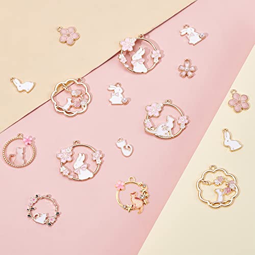 SUNNYCLUE 1 Box 48Pcs 12 Styles Pink Flower Charms Enamel Cat Rabbit Animal Floral Hollow Flat Round Alloy Pendants Bulk Gold Plated for Jewelry Making Charms DIY Bracelets Earrings Findings - Image 4