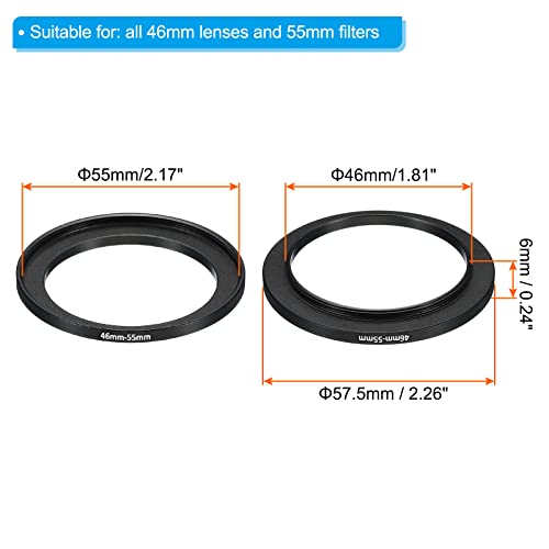 Image of PATIKIL 46mm-55mm Metal Step Up Ring, 2 Pack Camera Lens Filter Adapter Ring Aluminum Filter Adapter Ring for Camera Lenses Hood, Black