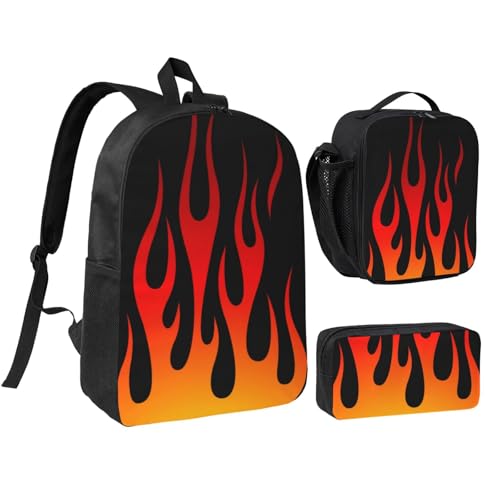 Retro Traditional Hot Rod Flames 3-Piece Backpack Set – Lightweight backpack, Insulated Lunch Bag & Pencil Case, Durable Oxford for Travel/Work