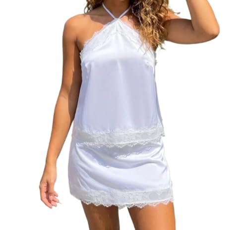 Satin Lace Halter Top & Mini Skirt Set – Y2K