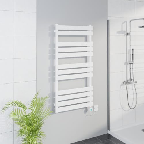 Warmehaus Smart WiFi Thermostatic Electric Bathroom Flat Panel Heated Towel Rail Warmer Radiator with Timer 1200x600mm - White