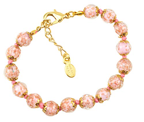 Genuine Venice Murano Sommerso Aventurina Glass Bead Strand Bracelet in Pink