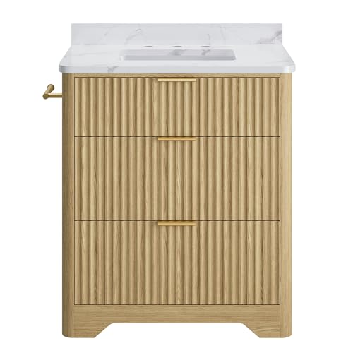 IRONCK 30" Bathroom Vanity with Ceramic Sink, Freestanding Bathroom Sink Cabinet with 2 Drawers & 1 Flip-Down Drawer, Wood Grain Texture, Farmhouse