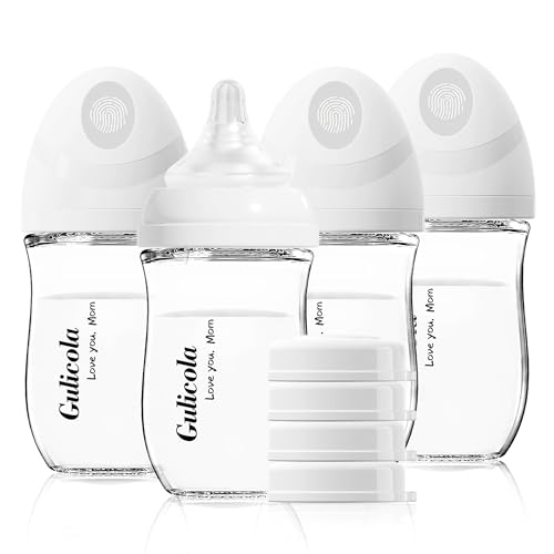 Gulicola Natural Glass Baby Bottle 4 Pack, Newborn Breastfeeding Bottles Set, Extra Slow Flow Nipples (SS), Anti Colic, 0 Months+, 5 oz - White