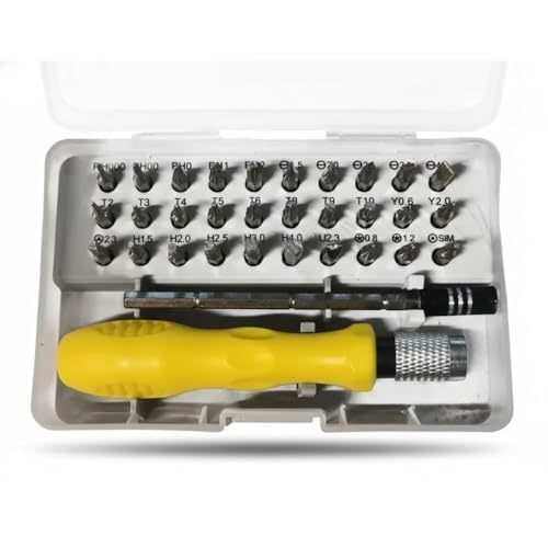 Kit de Chaves de Precisão 32 em 1, Conjunto com 30 Pontas em Aço Cr-V, Cabo Ergonômico Amarelo, Estojo Organizador, para Manutenção de Eletrônicos, Smartphones, Computadores
