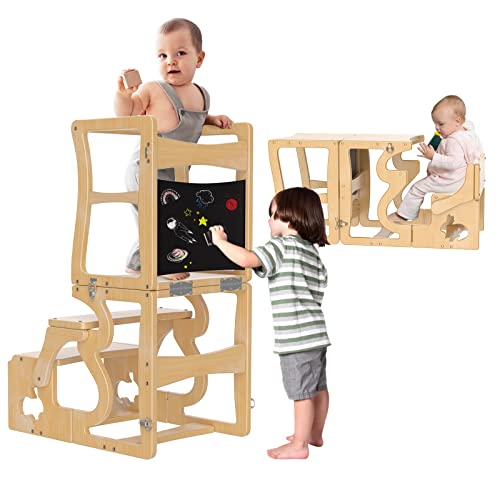 Image of Toddler Tower with Chalkboard - Kitchen Helper Stool for Toddlers, 3 in 1 Children's Step Stool Chairwith Back,Montessori Style, Curved Design,Learning Wooden Tower Assembly Upgraded…