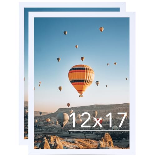 JCJMY 12x17 White Picture Frame Set of 2, Horizontal and Vertical Formats for Wall Hanging, 12 x 17 Wall Gallery Poster Photo Frames with Shatter Resistant Plexiglass, 2 Pack, White