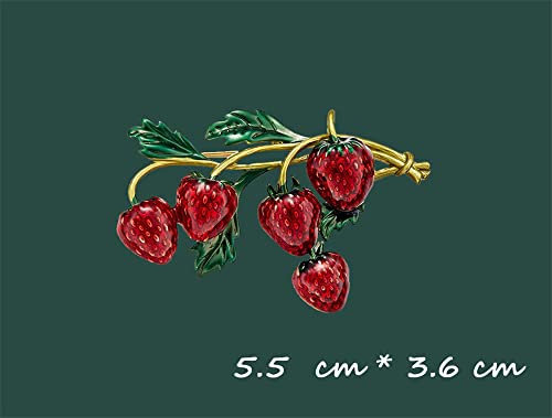 Image of Fashion Fruit Brooch Pin for Women Girls Gold Tone Cute Enamel Red Strawberry Green Leaf Branch Brooches Lapel Creative Dress Accessories Jewelry Dainty Retro Gift