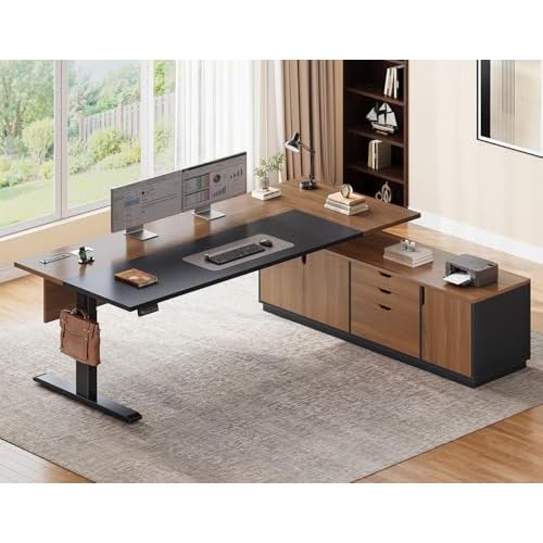 SEDETA Executive L Shaped Electric Standing Desk, 71" Height Adjustable Executive Desk with 3 Drawers and Cabinet, Sit Stand Up Home Office Desk with