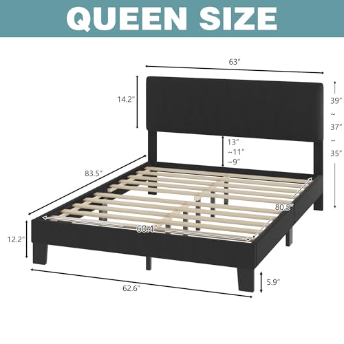 Lifezone Queen Bed Frame with Headboard,Linen Upholstered Bed Frame with Wood Slats Support,No Box Spring Needed,Heavy Duty Feet,Easy Assembly,Dark Grey