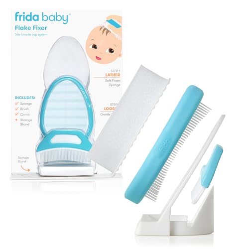 FridaBaby DermaFrida the FlakeFixer Cradle Cap Treatment System: 3-Step Cradle Cap Kit Soothes Babys Scalp Prevents Dryness and Flakes Sponge Brush and Comb + Storage Stand