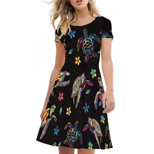 Image of POLERO Women Puffy Swing Elegant Party Midi Dresses Short Sleeve Round Neck A-Line Dress