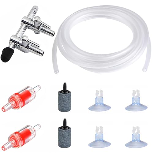 CTRICALVER Aquarium Luftpumpe Zubehör, mit 2wege-Luftstromregelung Wasserpumpensplitter Verteilerhebeladapter, 3M Luftschlauch, Sauerstoff Stein, Rückschlagventile, Saugnapf-Clips