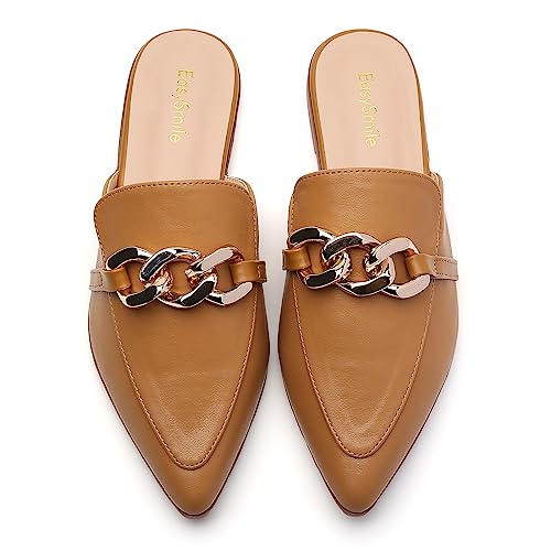 Easysmile Metal Chain Decor Flat Mules For Women Closed Pointed Toe Slip On Loafers Slides Backless Mules Shoes #TOP1