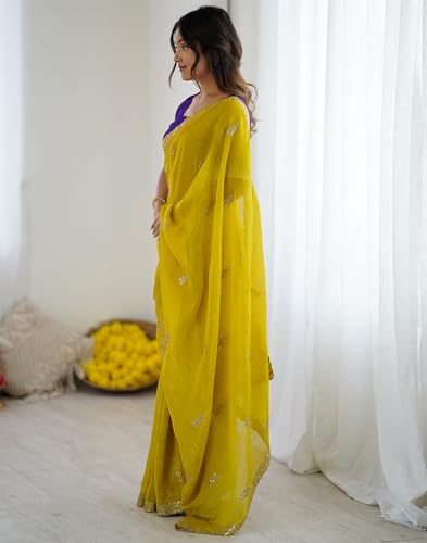 Image of SIRIL Women's Tissue Silk Scalloped Border Embroidery Saree with Unstitched Blouse Piece