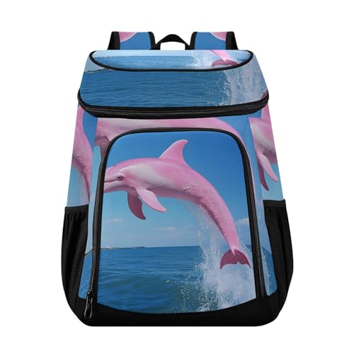 Pink Dolphin Nautical Ocean Cooler Backpack Cooler Insulated Leak Proof Lunch Backpack 36 Cans Waterproof Soft for Men Women Picnic Hiking Camping Beach