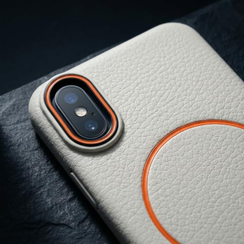 Image of amazon basics Luxury MagSafe Compatible Leather Texture Back Cover for iPhone X | Raised Camera Protection | Slim Fit Shockproof Case with Metallic Accents (White)