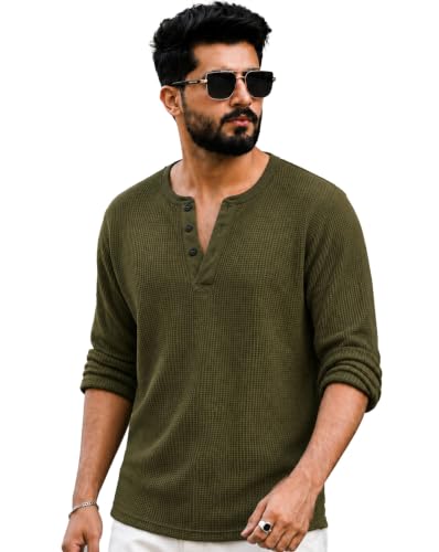 Image of AUSK Men's Waffle Knit Henley T-Shirt | Cotton Blend Full Sleeve Textured Casual T Shirt | Regular Fit Button Placket Round Neck Tshirt for Men