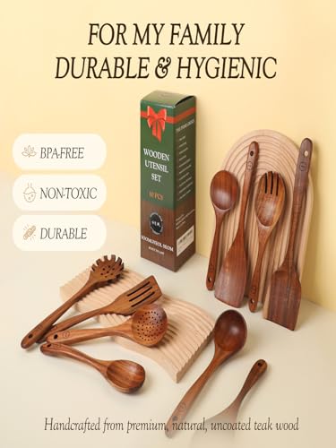 100% Natural Teak Wood Wooden Utensil Set – 10 Pcs Durable Kitchen Spoons for Cooking – Non-Stick & Heat Resistant, Eco-Friendly & Comfortable Grip