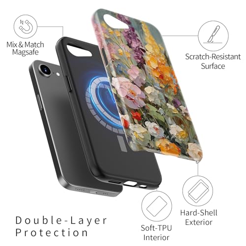 Image of Goodon for iPhone 16e Case Cute - Wireless Charging Compatible - Dual-Layer Hard Shell + Silicone Cover - Protective Phone Case with Trendy Designs for Women - Oil Painting Flowers