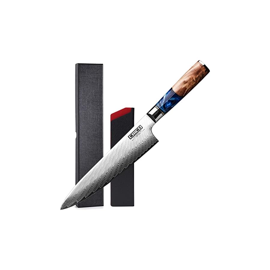 CRICO-Damascus-Chef-Knife-8-inch-Professional-Kitchen-Knives-with-Sheath-Forged-Japanese-VG10-67-Layers-Super-Steel-Stable-WoodResin-Handle-Razor-Sharp-Gift-Box-Flow-Series CRICO Damascus Chef Knife 8 inch, Professional Kitchen Knives with Sheath, Forged Japanese VG10 67-Layers Super Steel, Stable-Wood&Resin Handle, Razor Sharp, Gift Box - Flow Series