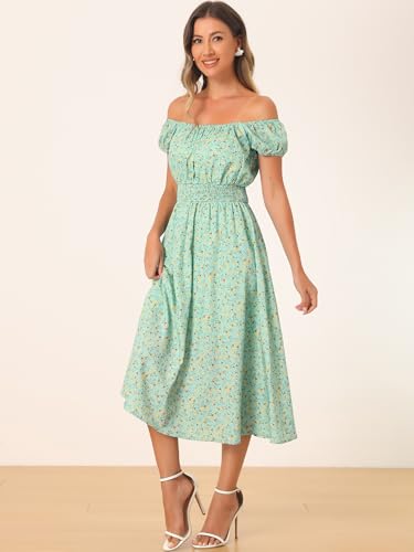 Image of Allegra K Women's Floral Dresses Square Neck Puff Short Sleeves Flare Midi Dress