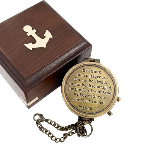 Be Strong and Courageous Compass – Antique Nautical Magnetic Compass with Engraved Scripture Quote – Baptism Gift with Wooden Box for Son, Father, Husband, Loved One