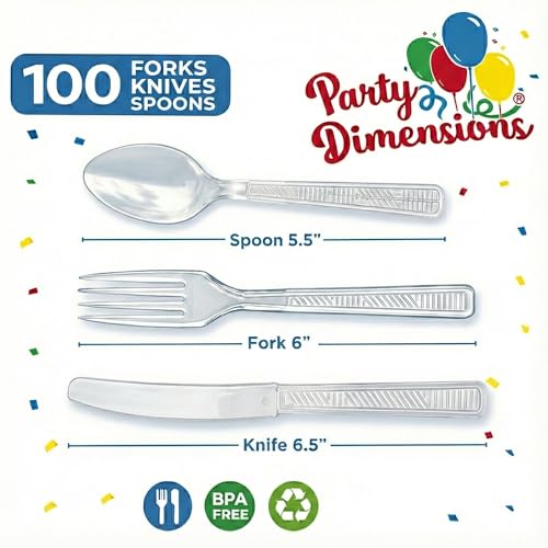 Image of Party Dimensions 300 Count Plastic Cutlery Combo Box, Disposable Clear Plastic Silverware Utensils Set, 100 Forks, 100 Spoons, 100 Knives (Pack of 2)
