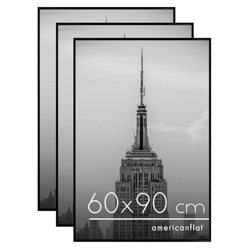 Americanflat Bilderrahmen 60x90 cm (3er Pack) - Schlanker Bilderrahmen 90x60 cm mit Plexi-Scheibe und Integrierter Aufhängung für Hoch- und Querformat - Schwarz