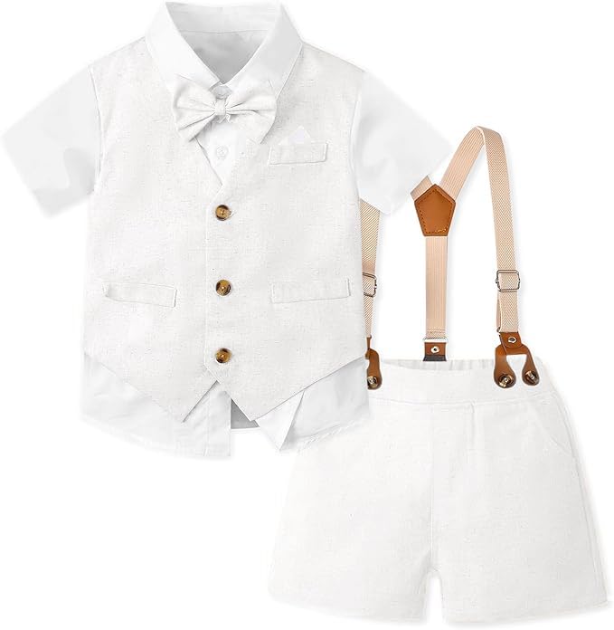 Image of SANGTREE Baby Boy Suit Wedding Ring Bearer Outfits Vest Short Sleeve Bowtie Shirt Suspender Summer Gentleman Shorts Sets