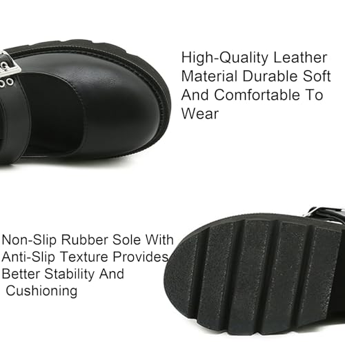 Women's Leather Square Buckle Platform Wedge Mary Janes Adjustable Strap Fashion Closed Round Toe Chunky High Heels Pumps for Office Party Dress Shoes2