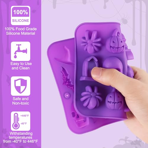Image of 2 Pack Halloween Silicone Molds, Halloween Chocolate Molds, 3D Spider Skull Pumpkin Bat Mold for DIY Gummies Jello Ice Cube Jelly Chocolate Candy Cakes Decorations (Purple)