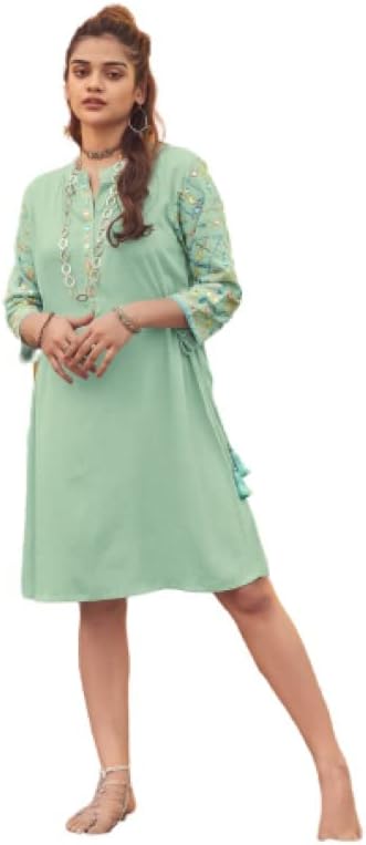 Guddies Women's Stylish Comfortable Sea Green Midi Dress with Mirror Work(Light Green) Size; - 2105_42