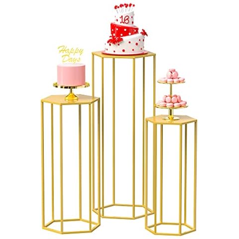 Wokceer Hexagon Pedestal Stand Cylinder Stands for Party 35.43" Set of 3 Nesting Display Cylinder Tables for Parties Wedding Living Room Patio Decor Gold Cover