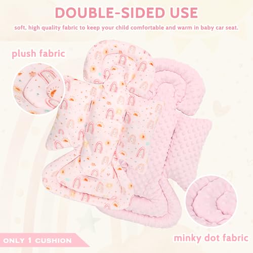 Image of Infant Car Seat Insert and Strap Covers, Very Soft Car Seat Head Support Baby Girl Boy, Reversible Newborn Carseat Insert Cushion Fits for Stroller, Baby Swing, Bouncer (Pink Rainbow)