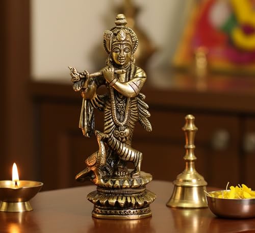 Image of ESPLANADE - Brass Kishan Krishna with Peacock Murti Idol Statue Sculpture - 5 inch inches for Pooja Mandir or Home Decor