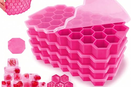 CLITZ Ice Cube Trays for Freezer with Lid-37 Grid [4Pack] Pink Silicone Ice Cube Tray with Lid for Small Ice Cube Molds,Easy-Release Reusable Ice Cube in Ice Bucket for Iced Coffee Cup