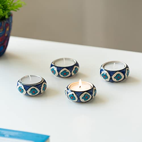Image of ExclusiveLane Ceramic Tea Light Candle Holder for Home Decoration | 'Mughal Floral' Hand-Painted Tealight Candle Stand for Puja & Living Room (Set of 4, Blue)