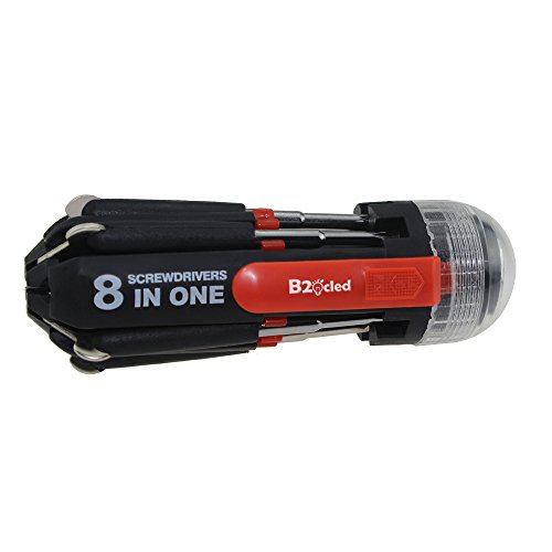 B2ocled SD-890 Multi-Screwdriver with LED Flashlight, 8-in-1 Utility Tool Torch, Flat Screwdriver Set