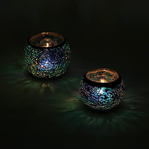 2 Pcs Handmade Glass Mosaic Candle Holder, Stained Glass Tealight Votive Holder (Blue) #TOP4