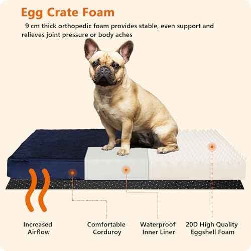 HMTOPE Orthopädisches Hundebett, 9cm Dicke Hundekissen für Mittelgroße Hunde, Abnehmbar und Waschbar Hundematte, rutschfeste Unterseite, Wasserdichtes Innenfutter, 91 cm, Navyblau