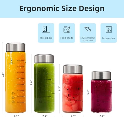 weasland Glass Juice Bottles 16oz -4 Pack Wide Mouth Water Bottles with Lids for Juicing Reusable Juice Bottles for Smoothie Beverage Storage BPA Free Leakproof Borosilicate