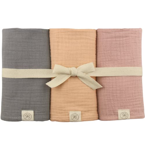 Premium Baby Mulltücher 3er SET altrosa/grau/lachsbeige gekreppt | 64x64cm | 100% BIO-Baumwolle Spucktücher | Musselin Spucktuch Mulltuch Junge Mädchen | Moltontuch Mullwindeln | Geschenk zur Geburt Cover