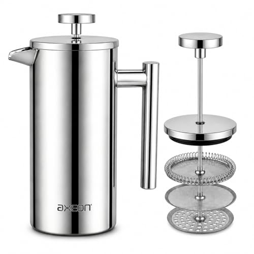 Image of AXEON French Press Coffee Maker 750ml | Double Wall Insulated 304 Stainless Steel Plunger | 3-Layer Filtration for Grit-Free Brew | Heat Retention, Rust-Free, Portable for Home & Office