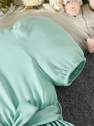 Hilinker Girls Short Sleeve Pleated Dresses Summer Puff Sleeve A-Line Belted Frill Trim Dress4