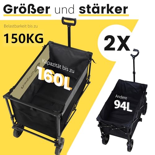Sekey XXL Bollerwagen Faltbar mit Bremsen 160L 150KG Belastbar, Faltbarer Bollerwagen Geländetauglich, Klappbarer Handwagen Strand Camping Einkaufen, XXL-Sieger 3011, Schwarz mit Grau