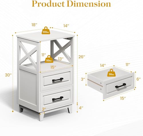 Image of RoyalCraft 30 inch Tall Nightstand, Modern Painted Bedside Table with 2 Drawers and Open Shelf, Wood Side Table for Bedroom, Home Office, White-Open Shelf Above, Set of 2