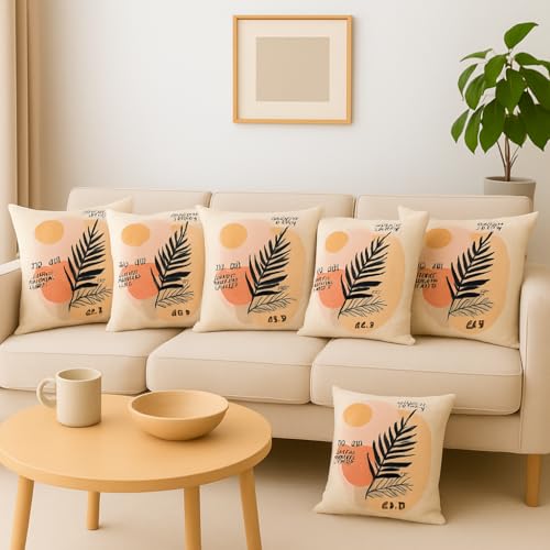 Image of Jute Cushion Cover 20x20 Inch - Set of 6 Decorative Throw Pillow Covers for Sofa, Couch or Bed - Designer Printed Square Cushion Covers - Home Decor (Peach Leaf)