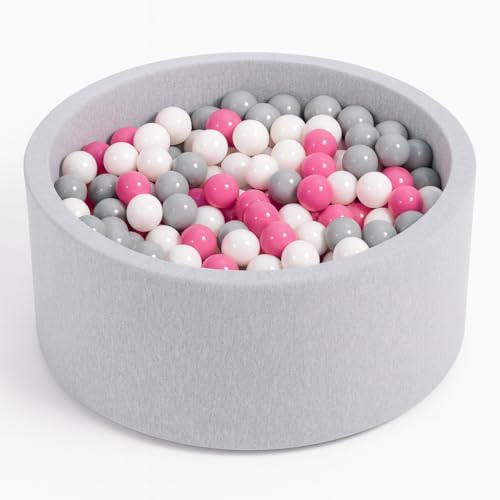 Angelove Piscine à Balles Ø 90 × 30 cm avec 200 Balles - Bassin Rond en Mousse à Housse Amovible, Coton, Gris Clair